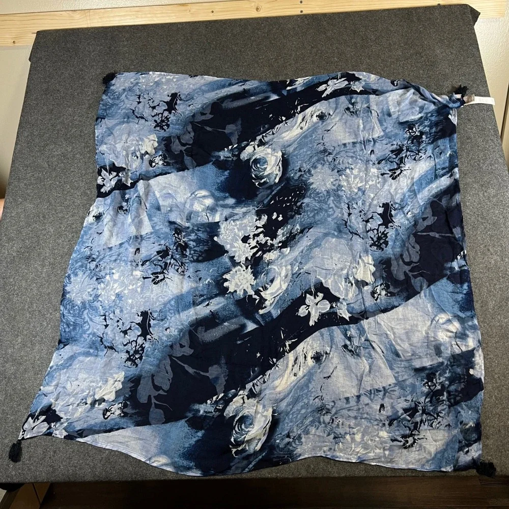 Chico's Blue Floral Abstract Square Scarf Tassel Trim 100% Viscose OS